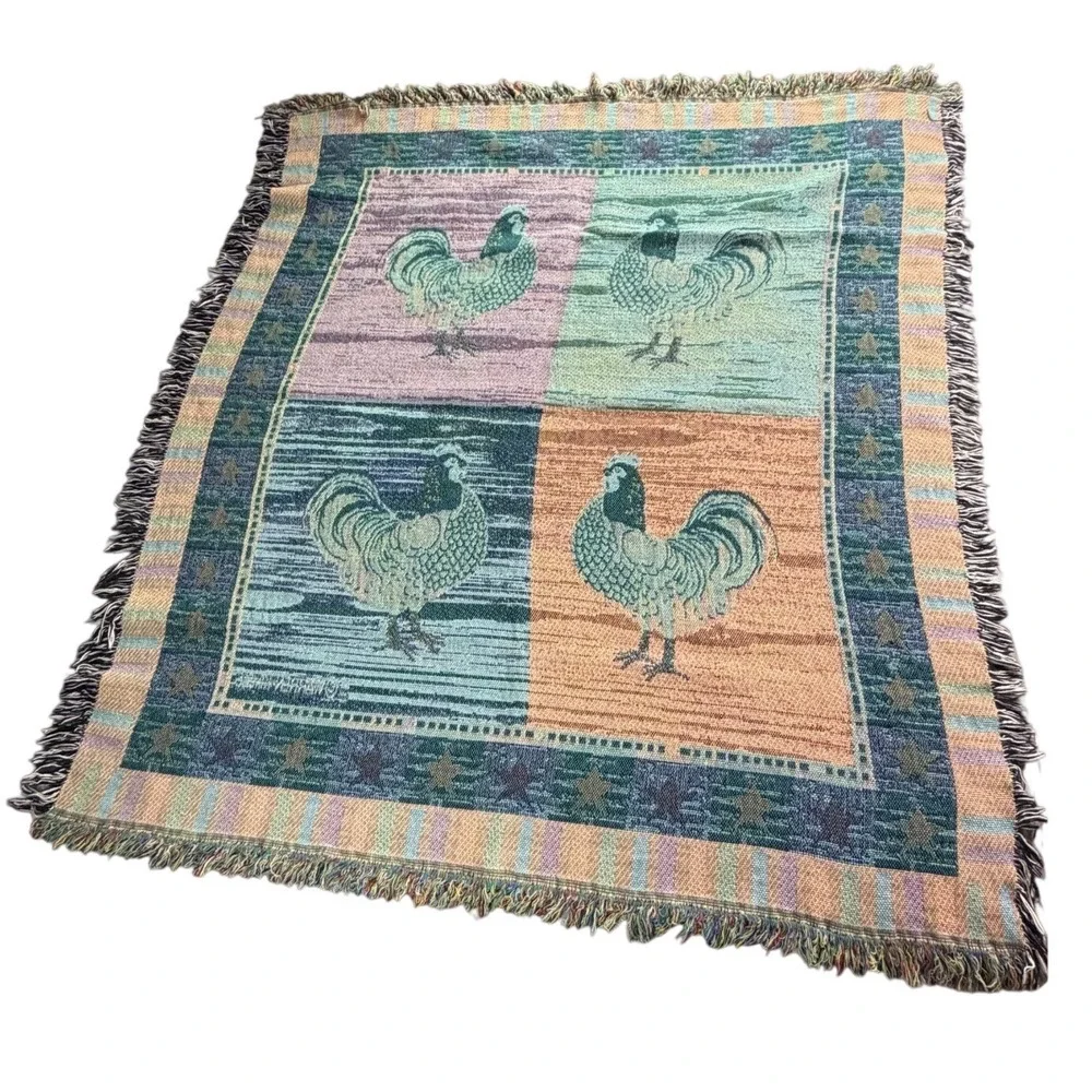 Warren Kimble Rooster Folk Art Woven Tapestry Throw Blanket Fringed 53x58